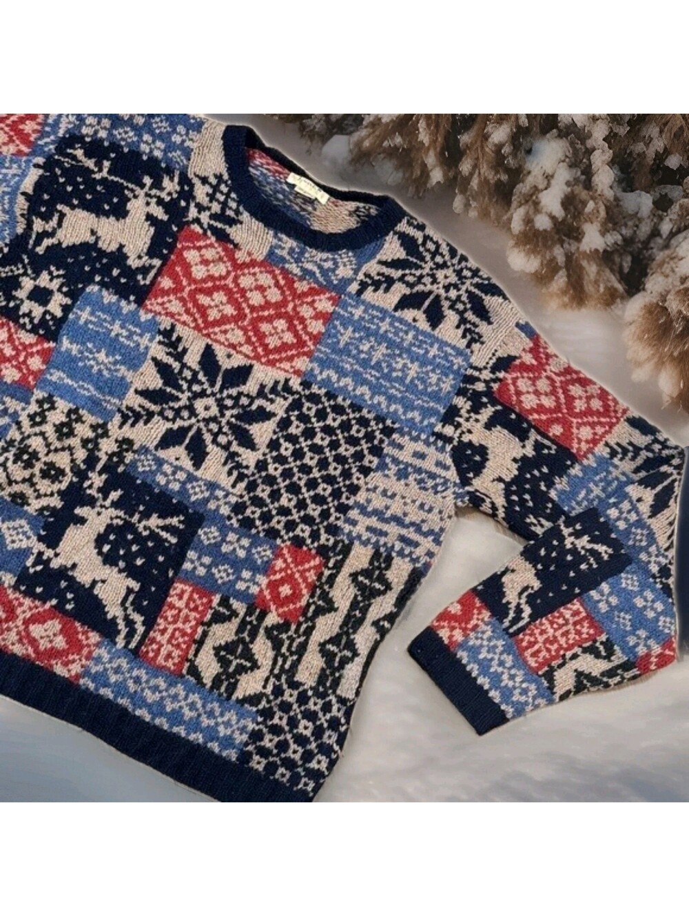 J. CREW Knit Wool Sweater Fair Isle Nordic Crewneck Patchwork Nordic Moose Large